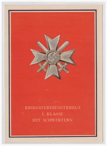 [Propagandapostkarte] DT- Reich (001443) Propagandakarte, 1939, Farbkarte "Kriegsverdienstkreuz I. Klasse mit Schwertern", ungebraucht, Pahl. 