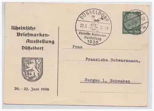 [Propagandapostkarte] DT- Reich (001481) Propaganda Ganzsache PP127/ C19I gel. zur Rheinischen Briefmarkenausstellung in Düsseldorf von 1936. 