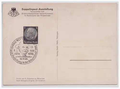 [Propagandapostkarte] DT- Reich (001489) Propagandakarte Zeppelinpost- Ausstellung, 1938 in Konstanz, blanco gst. 8.7.1938. 