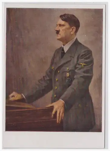 [Propagandapostkarte] Dr- Reich (001493) Propagandakarte,farbige Karte mit Hitler am Redepult, blanco gest. mit Propagandastempel, München. 