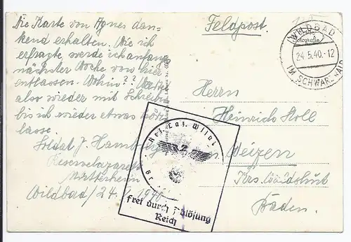 [Ansichtskarte] AK Wildbad (001778) i. Schwarzwald Versorgungsanstallt, gelaufen mit Feldpost am 24.5.1940. 