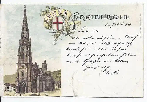 [Ansichtskarte] AK Freiburg (001782) Rückseite privater Firmenzudruck J. Waibels, gelaufen am 7.10.1896. 