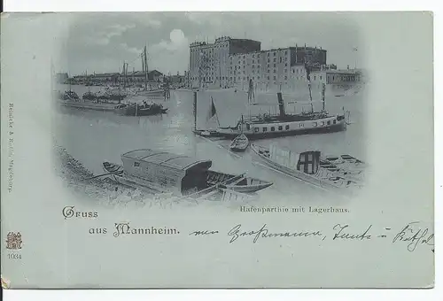[Ansichtskarte] AK Mannheim (001786) Hafenpartie mit Lagerhaus, gelaufen am 25.7.1898. 