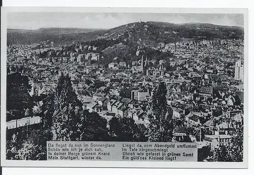 [Ansichtskarte] AK Stuttgart (001801) Gesamtansicht mit Spruch, gelaufen 25.7.1938. 