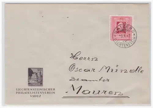 Liechtenstein (001846) Brief mit MNR 171, Umschlag Lichtensteiner Philatelistenverein Vaduz, gelaufen Balzers am 5.10.42