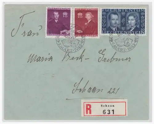 Liechtenstein (001849) Einschreibebrief mit MNR 211/ 13 gelaufen mit offiziellen Vermählungs Sonderstempel vom 7.3.1943