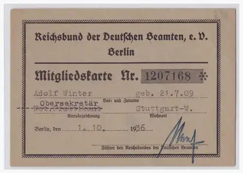 Dt.- Reich (001871) Propaganda Mitgliedskarte Reichsbund der Deutschen Beamten Berlin