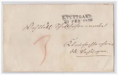 Vorphilatelie (001881) Umschlag mit Taxvermerk 3 und L2 Stempel von Stuttgart vom 27.2.1846