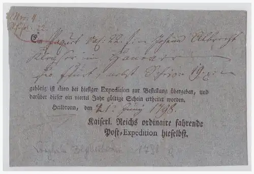 Vorphilatelie (001898) Kaiserlicher Reichs Postbegleitschein vom 21.6.1798, aus Heilbronn