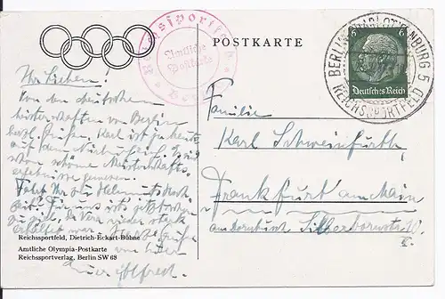 [Ansichtskarte] Dt- Reich (001913) Propagandakarte Reichssportfeld, Dietrich- Eckart Bühne, Amtliche Olympia- Postkarte gelaufen. 