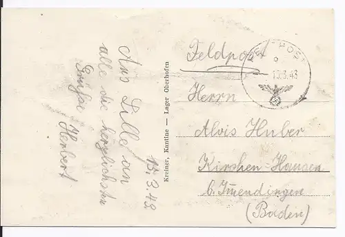 [Ansichtskarte] Dt- Reich (001920) Propagandakarte Lager Oberhofen Kameradschaftsheim Innenansicht gelaufen mit Feldpost am 15.3.1943. 