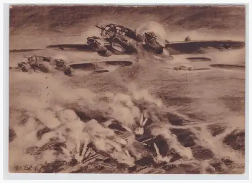 [Ansichtskarte] DT- Reich Propagandakarte (002022) Deutsche Kampfflugzeuge zerstören, entnommen aus "Der Adler", ungebraucht. 