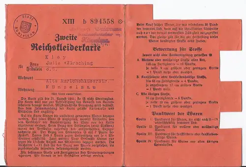 Dt.- Reich (002026) Reichskleiderkarte XIII der Stadt Künzelsau, gebraucht