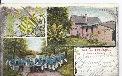 [Ansichtskarte] AK Bienitz b. Leipzig (002215) Gruß vom Millitärschießstand, Weltpostverein Postcard, gelaufen am 11.12.1914 Böhlitz. 