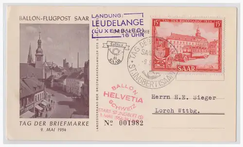 [Ansichtskarte] Saar (002224) Ballonpost zum Tag der Briefmarke am 9.Mai 1954 ab Saarbrücken mit Landung in Luxemburg Leudelange. 