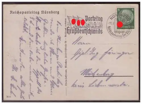 [Propagandapostkarte] Dt- Reich (W00002) Propagandakarte Reichsparteitag Nürnberg, gelaufen vom Reichsparteitag Nürnberg am 11.9.1938. 