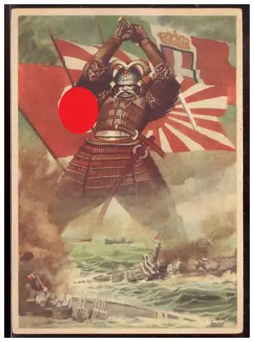 [Propagandapostkarte] Italienische (W00011) Propagandakarte, Samurai, Italienisch- Deutsche- Japanische Karte, gelaufen 30.9.1942. 