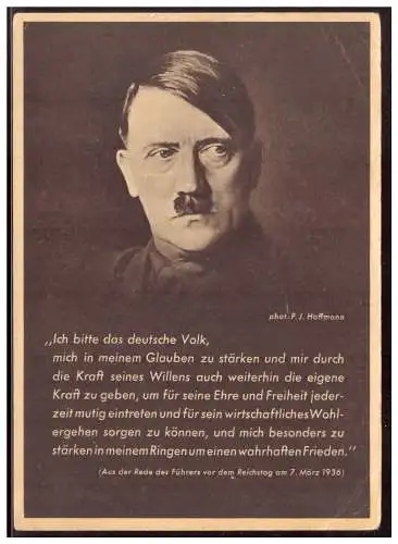 [Propagandapostkarte] Dt- Reich (W00019) Propagandakarte, Adolf Hitler, Hoffmannkarte Rede vom 7.3.1936, Rückseite gedruckter Text Gauleiter. 