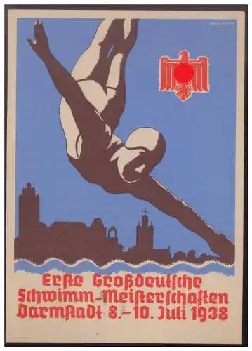 [Propagandapostkarte] Dt- Reich (W00066) Propagandakarte Erste Großdeutsche Schwimm-Meisterschaften Darmstadt 8.-10.7.1938 mit entsp. SST. 