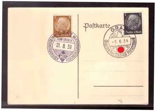 [Propagandapostkarte] Dt- Reich (W00098) Propagandakarte Gautag der NSDAP Steiermark Graz 7.-11.6.1939 mit versch. blanco Sonderstempel Graz. 