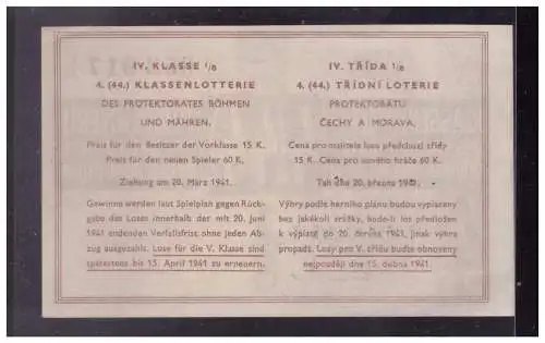 [Propagandapostkarte] Böhmen und Mähren (W00177) Lotterielos 1/8 Ziehung 20.3.1941. 