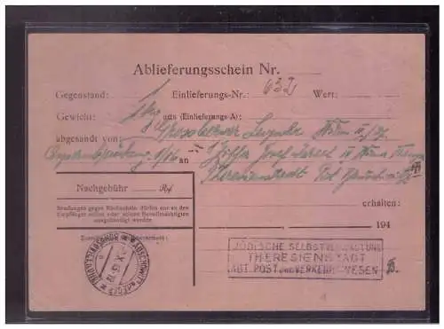 [Propagandapostkarte] Böhmen und Mähren (W00179) Theresienstadt mit Stempel Jüdische Selbstverwaltung, ABT Post und Verkehr Ablieferungsschein. 