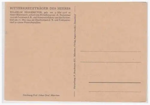 [Propagandapostkarte] Dt.- Reich (003281) Propagandakarte aus der Serie Ritterkreuzträger des Heeres, Wilhelm Niggermeyer, ungebraucht. 