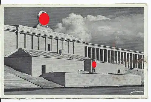 [Propagandapostkarte] Dt- Reich (003289) Propagandakarte "Zeppelinfeld Nürnberg, Mittelteil der Haupttribüne" gelaufen mit Propagandastempel. 