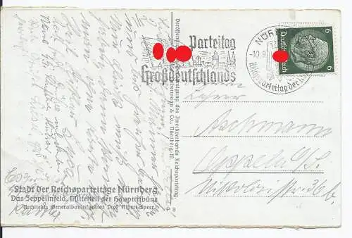 [Propagandapostkarte] Dt- Reich (003289) Propagandakarte "Zeppelinfeld Nürnberg, Mittelteil der Haupttribüne" gelaufen mit Propagandastempel. 