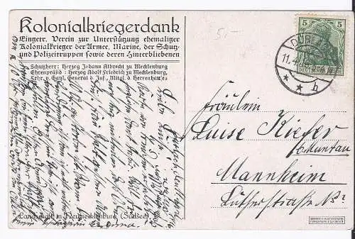 [Propagandapostkarte] DT- Reich (003476) Kolonialkriegerdank Karte gelaufen Dürlach 11.6.1916. 