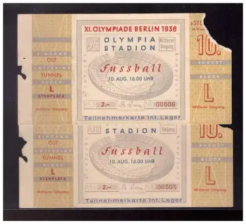 [Propagandapostkarte] Dt- Reich (w00225) 2 Eintrittskarten Olympiade Berlin 1936 Halbfinale Fußball Italien- Norwegen am 10.8.1936. 