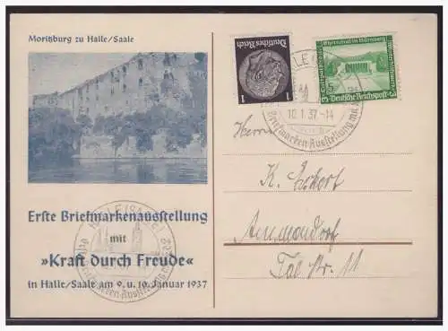 [Propagandapostkarte] DT- Reich (003959) Postkarte mit privaten Zudruck, Moritzburg, Erste Briefmarkenausstellung, KDF, am 9/10.1.1937, gel. 