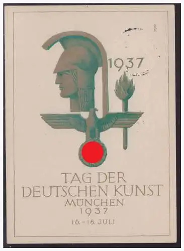 [Propagandapostkarte] DT- Reich (003974) Propagandakarte "Tag der Deutschen Kunst, München 1937" ungebraucht blanco gestempelt mit SST München. 