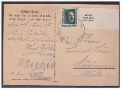 [Propagandapostkarte] Dt-Reich (004039) Propagandakarte Festpostkarte Reichsparteitag der NSDAP in Nürnberg 8.-13.9.1937, gelaufen. 