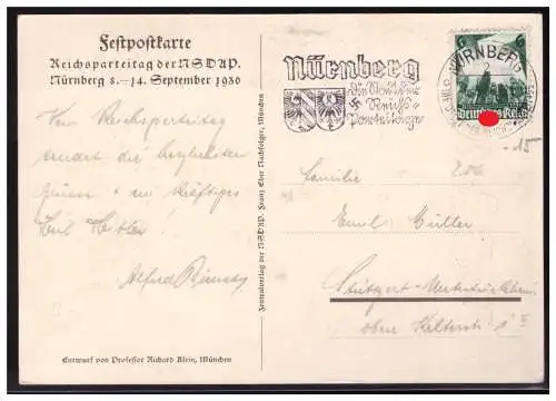 [Propagandapostkarte] Dt.- Reich (004223) Propagandakarte Reichsparteitag Nürnberg 1936, gelaufen mit Tagesstempel und Werbestempel. 