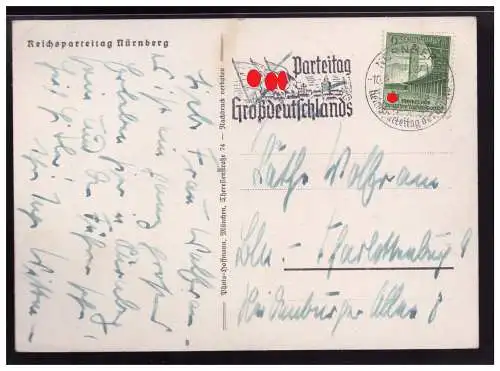 [Propagandapostkarte] Dt.- Reich (004224) Propagandakarte Reichsparteitag Nürnberg 1938, gelaufen mit Tagesstempel und Werbestempel. 