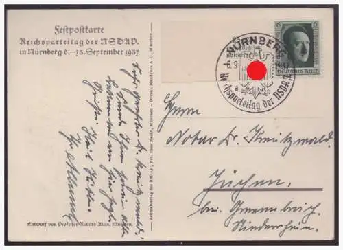 [Propagandapostkarte] Dt- Reich (004240) Propagandakarte Nürnberg Reichtsparteitag 1937, gelaufen mit SST Nürnberg  am 6.9.1937. 