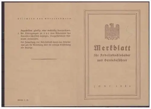 [Propagandapostkarte] Dt- Reich (004727) Propaganda, Merkblattfür Arbeitsbuchinhaber und Betriebsführer, Juni 1935. 