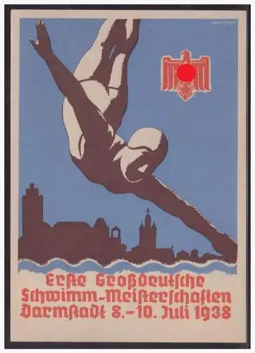 [Propagandapostkarte] Dt- Reich (005307) Propagandakarte Erste Großdeutsche Schwimm-Meisterschaften Darmstadt 8.-10.7.1938 mit entsp. SST. 