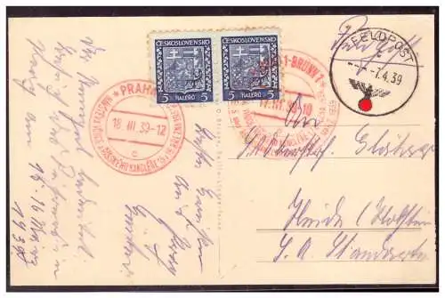 [Propagandapostkarte] Böhmen und Mähren (005368) Propagandakarte A.Hitler mit Sonderstempel 1c Prag am 18.3. gelaufen mit Feldpost am 7.4.1939. 