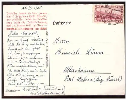 [Propagandapostkarte] Dt- Reich (006422) Propagandakarte Saarland Die Heimat frei! 90,7% für Deutschland, gelaufen am 25.2.1935. 
