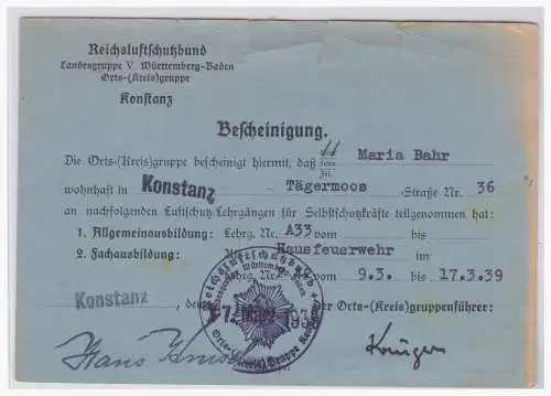 [Propagandapostkarte] Dt.- Reich (006444) Propaganda, Bescheinigung, Reichsluftschutzbund Landesgruppe Württemb.- Baden, Orts- Gruppe Konstanz. 