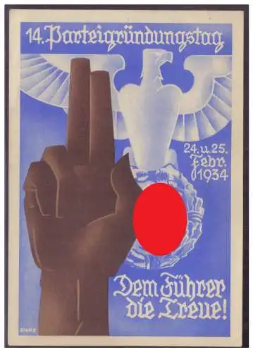 [Propagandapostkarte] Dt.- Reich (006456) Propagandakarte, 14.Parteigründungstag, Dem Führer die Treue!, 24/25.2.1934, Gau Baden, ungebraucht. 