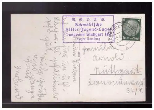 [Propagandapostkarte] Dt- Reich (024242) AK Schloss Comburg mit Hitler Jugend Lagerstempel Schwäbische HJ Lager Jugbann Stuttgart, gelaufen. 