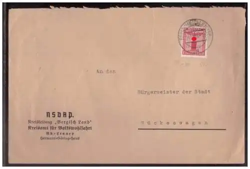 [Propagandapostkarte] Dt Reich (024261) Dienstbrief NSDAP Kreisleitung Bergisch Land, gelaufen Remscheid Lennep am 14.10.1938. 