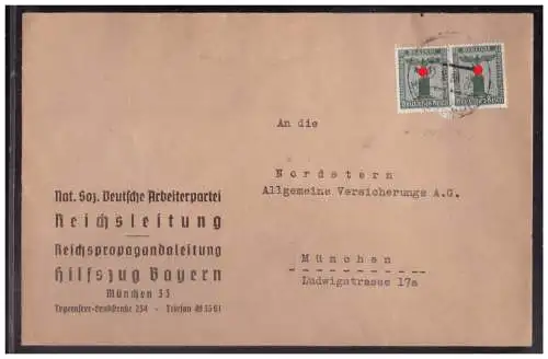 [Propagandapostkarte] Dt Reich (024262) Dienstbrief Vorgedruckt NSDAP Reichsleitung Reichspropagandaleitung Hilfszug Bayern, gelaufen. 