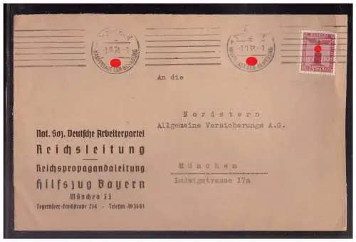 [Propagandapostkarte] Dt Reich (024264) Dienstbrief Vorgedruckt NSDAP Reichsleitung Reichspropagandaleitung Hilfszug Bayern, gelaufen München. 