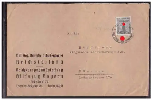 [Propagandapostkarte] Dt Reich (024266) Dienstbrief Vorgedruckt NSDAP Reichsleitung Reichspropagandaleitung Hilfszug Bayern, gelaufen München. 