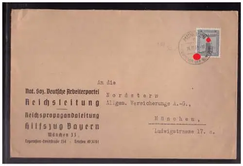 [Propagandapostkarte] Dt Reich (024267) Dienstbrief Vorgedruckt NSDAP Reichsleitung Reichspropagandaleitung Hilfszug Bayern, gelaufen München. 