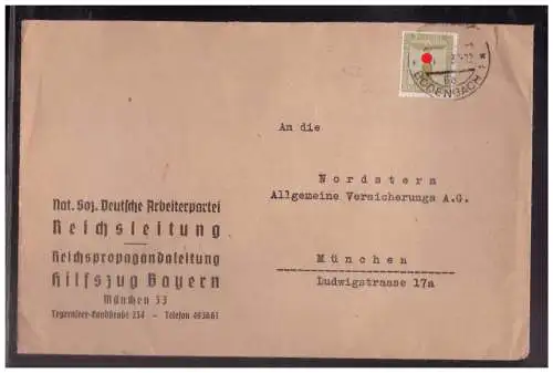 [Propagandapostkarte] Dt Reich (024268) Dienstbrief Vorgedruckt NSDAP Reichsleitung Reichspropagandaleitung Hilfszug Bayern, gelaufen. 